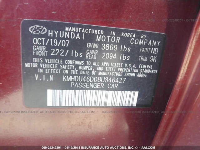 KMHDU46D08U346427 - 2008 HYUNDAI ELANTRA GLS/SE/LIMITED RED photo 9