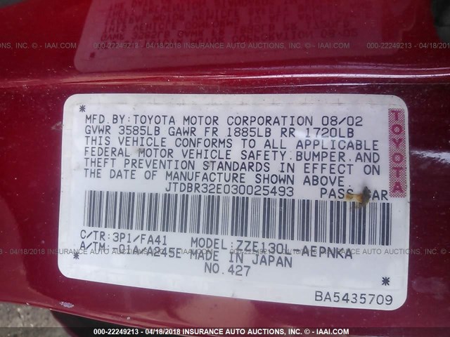 JTDBR32E030025493 - 2003 TOYOTA COROLLA CE/LE RED photo 9