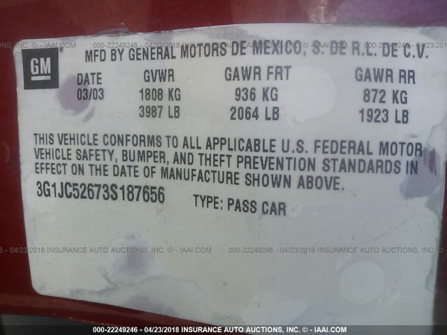 3G1JC52673S187656 - 2003 CHEVROLET CAVALIER CNG RED photo 9