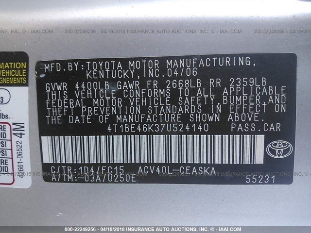 4T1BE46K37U524140 - 2007 TOYOTA CAMRY NEW GENERAT CE/LE/XLE/SE SILVER photo 9