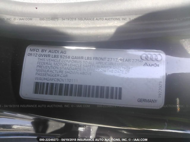 WAUHGAFC9CN170111 - 2012 AUDI A6 PRESTIGE შავი ფოტო 9