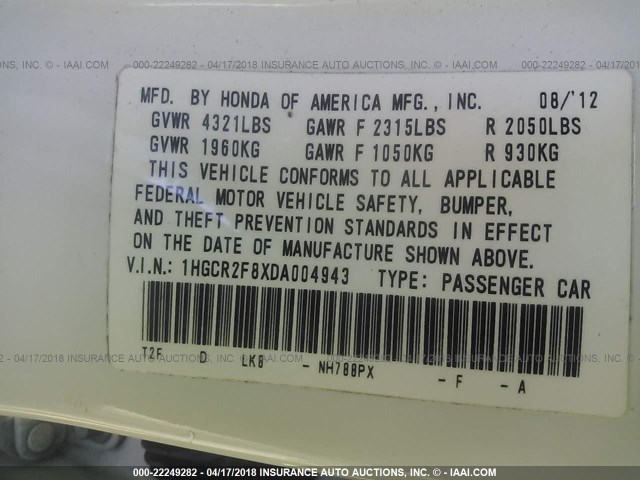 1HGCR2F8XDA004943 - 2013 HONDA ACCORD EXL WHITE photo 9