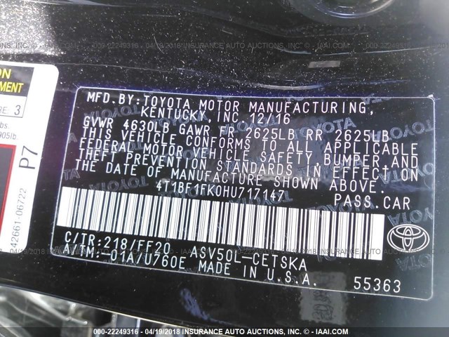 4T1BF1FK0HU717147 - 2017 TOYOTA CAMRY LE/XLE/SE/XSE BLACK photo 9