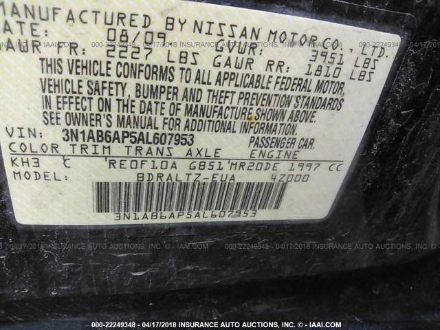 3N1AB6AP5AL607953 - 2010 NISSAN SENTRA 2.0/2.0S/SR/2.0SL BLACK photo 9