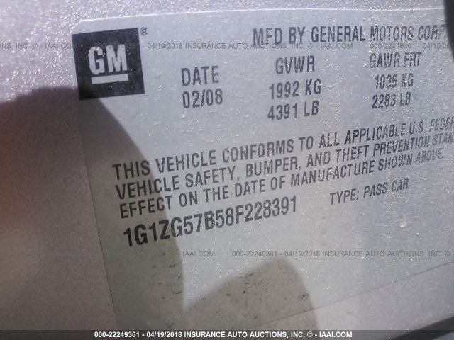 1G1ZG57B58F228391 - 2008 CHEVROLET MALIBU LS SILVER photo 9