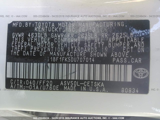 4T1BF1FK5DU707014 - 2013 TOYOTA CAMRY L/SE/LE/XLE 白色 照片 9