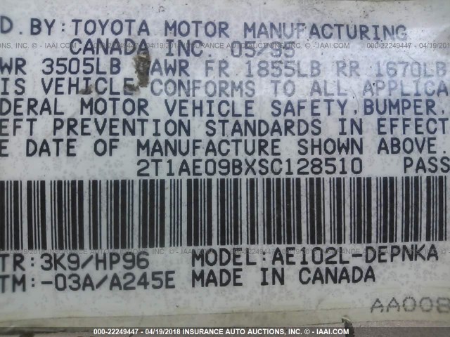 2T1AE09BXSC128510 - 1995 TOYOTA COROLLA LE/DX 金色 照片 9