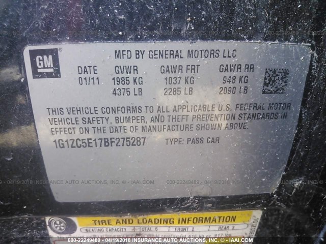 1G1ZC5E17BF275287 - 2011 CHEVROLET MALIBU 1LT 黑色 照片 9