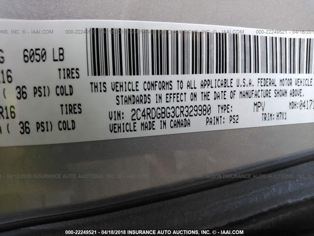 2C4RDGBG3CR329980 - 2012 DODGE GRAND CARAVAN SE GRAY photo 9