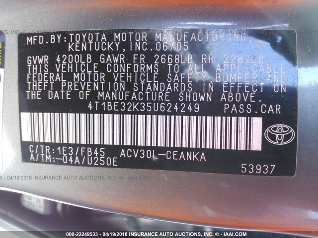 4T1BE32K35U624249 - 2005 TOYOTA CAMRY LE/XLE/SE ნაცრისფერი ფოტო 9