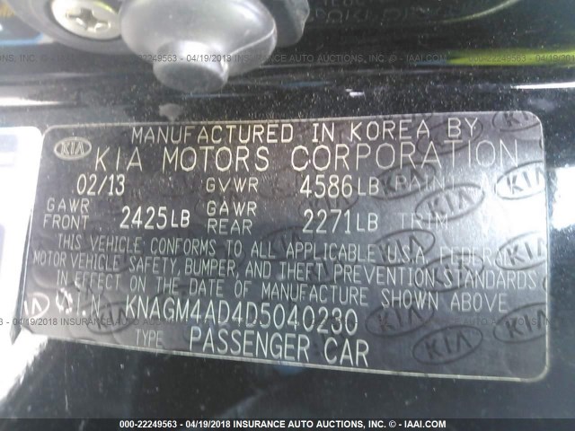 KNAGM4AD4D5040230 - 2013 KIA OPTIMA HYBRID BLACK photo 9