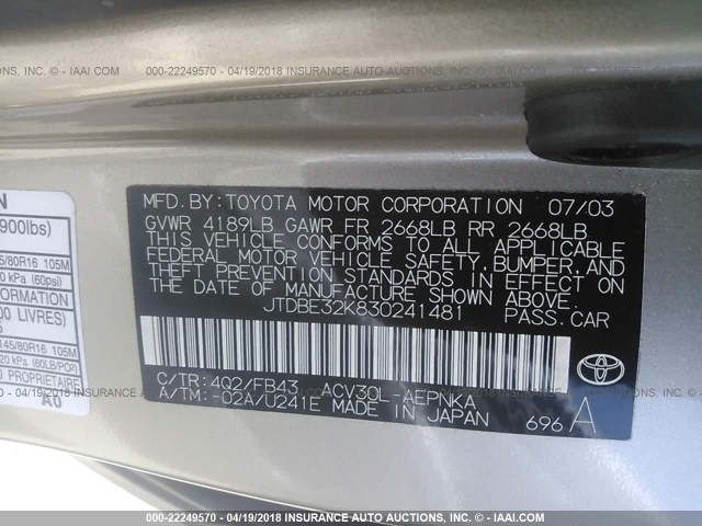 JTDBE32K830241481 - 2003 TOYOTA CAMRY LE/XLE Gold Foto 9