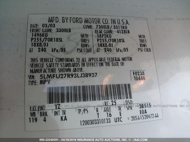 5LMFU27R93LJ38937 - 2003 LINCOLN NAVIGATOR WHITE photo 9