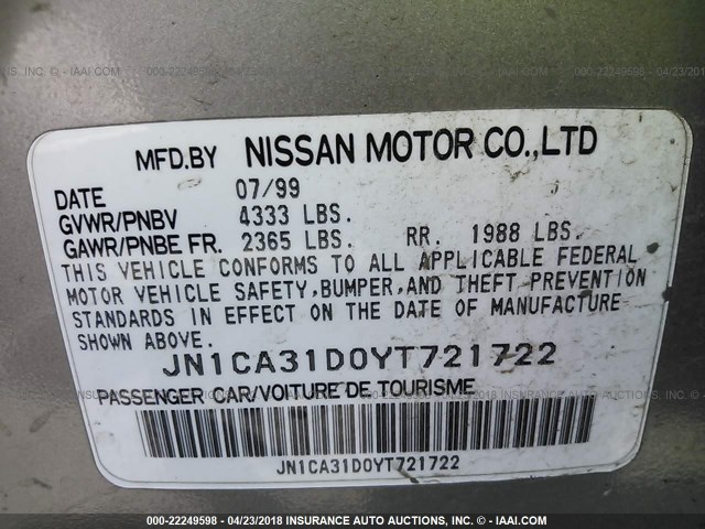 JN1CA31D0YT721722 - 2000 NISSAN MAXIMA GLE/GXE/SE GRAY photo 9