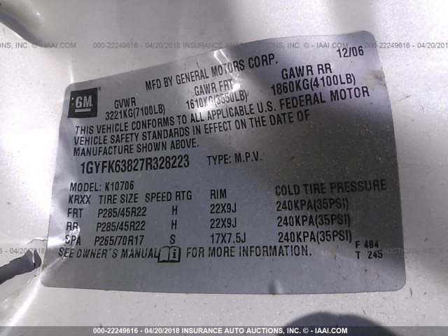 1GYFK63827R328223 - 2007 CADILLAC ESCALADE LUXURY Ağ foto 9