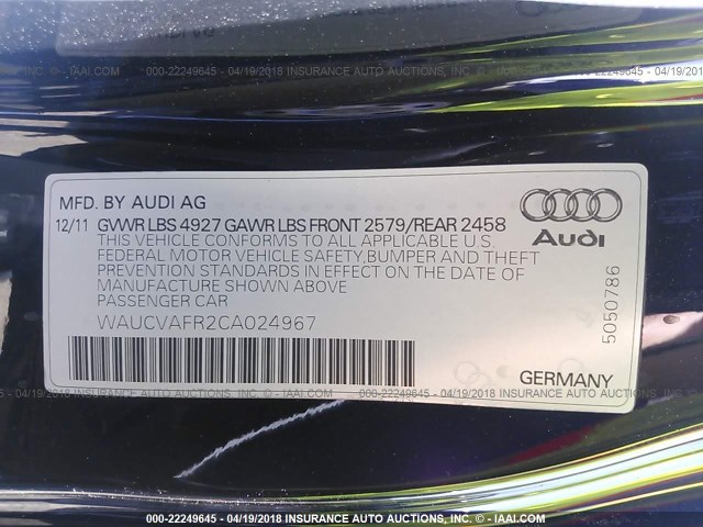 WAUCVAFR2CA024967 - 2012 AUDI S5 PREMIUM PLUS 黑色 照片 9