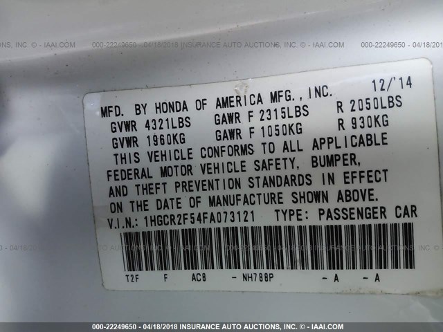 1HGCR2F54FA073121 - 2015 HONDA ACCORD SPORT WHITE photo 9