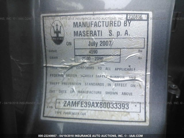 ZAMFE39AX80033393 - 2008 MASERATI Quattroporte M139 GRAY photo 9