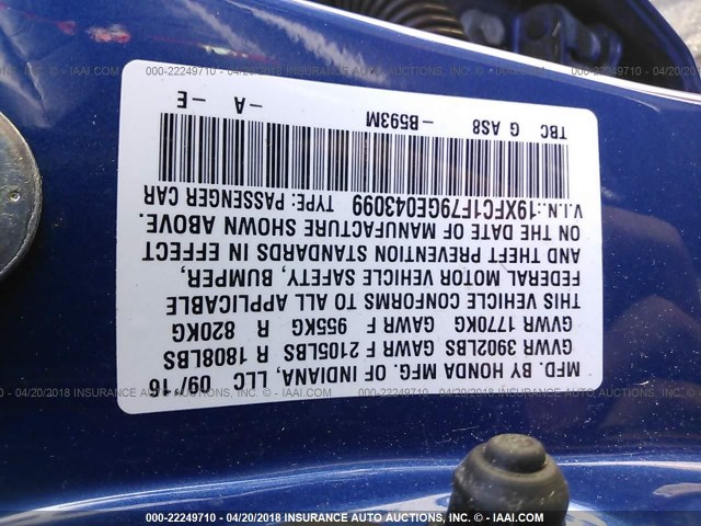 19XFC1F79GE043099 - 2016 HONDA CIVIC EXL BLUE photo 9