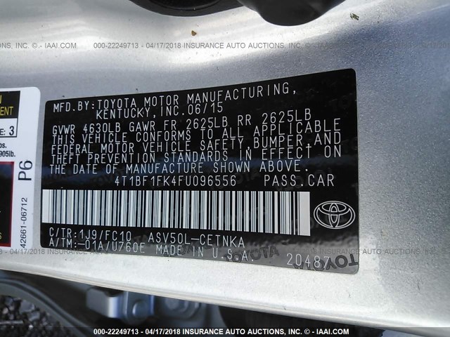 4T1BF1FK4FU096556 - 2015 TOYOTA CAMRY LE/XLE/SE/XSE SILVER photo 9