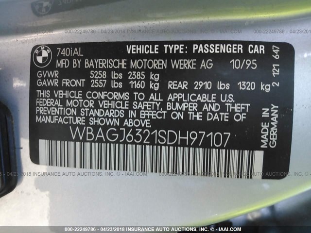 WBAGJ6321SDH97107 - 1995 BMW 740 IL SILVER photo 9