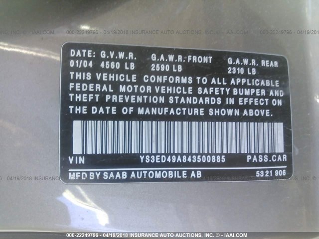 YS3ED49A843500885 - 2004 SAAB 9-5 ARC BROWN photo 9