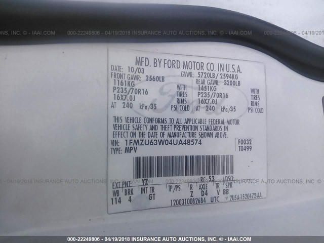 1FMZU63W04UA48574 - 2004 FORD EXPLORER XLT/XLT SPORT/NBX WHITE photo 9