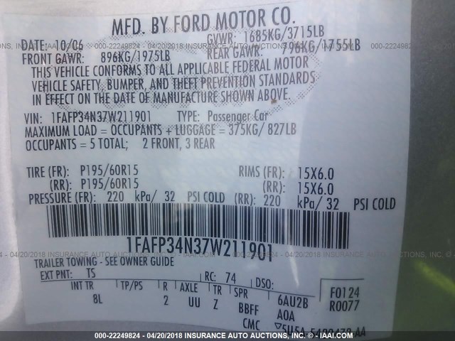 1FAFP34N37W211901 - 2007 FORD FOCUS ZX4/S/SE/SES 银色 照片 9