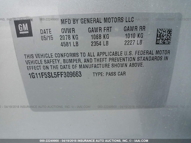 1G11F5SL5FF309663 - 2015 CHEVROLET MALIBU LTZ 银色 照片 9