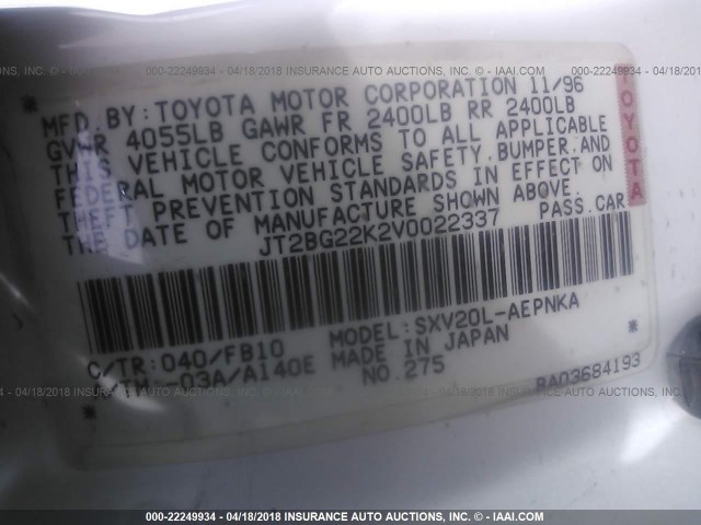 JT2BG22K2V0022337 - 1997 TOYOTA CAMRY LE/XLE WHITE photo 9