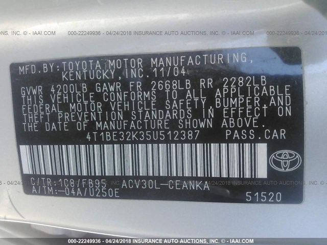 4T1BE32K35U512387 - 2005 TOYOTA CAMRY LE/XLE/SE ვერცხლისფერი ფოტო 9