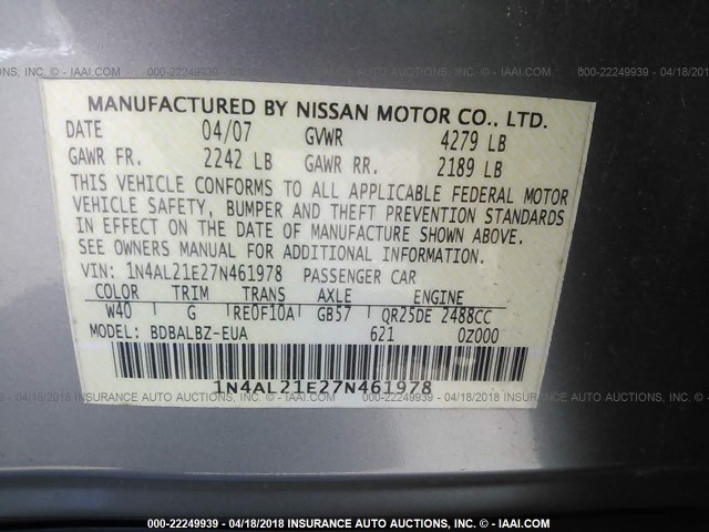 1N4AL21E27N461978 - 2007 NISSAN ALTIMA 2.5/2.5S GRAY photo 9