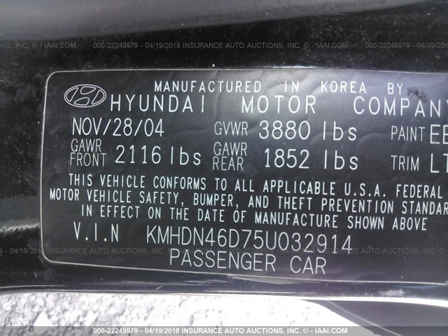 KMHDN46D75U032914 - 2005 HYUNDAI ELANTRA GLS/GT BLACK photo 9