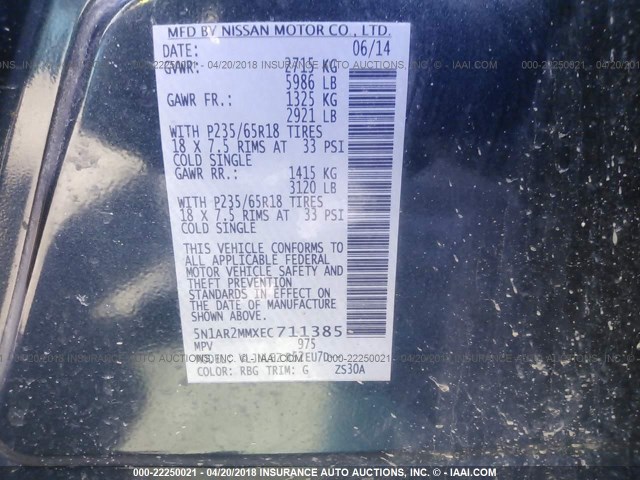 5N1AR2MMXEC711385 - 2014 NISSAN PATHFINDER S/SV/SL/PLATINUM 蓝色 照片 9