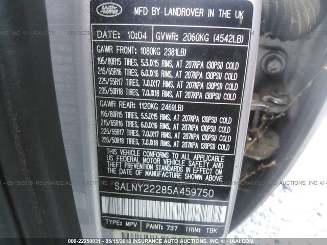 SALNY22285A459750 - 2005 LAND ROVER FREELANDER SE WHITE photo 9