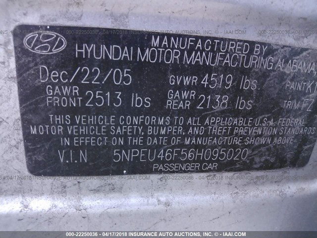 5NPEU46F56H095020 - 2006 HYUNDAI SONATA GLS/LX SILVER photo 9