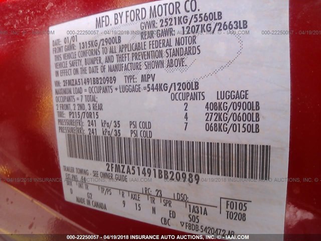 2FMZA51491BB20989 - 2001 FORD WINDSTAR LX RED photo 9