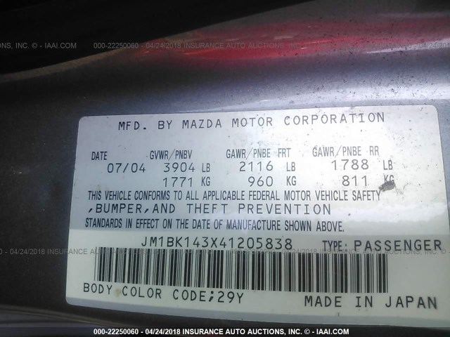 JM1BK143X41205838 - 2004 MAZDA 3 HATCHBACK GRAY photo 9