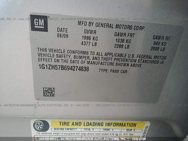 1G1ZH57B694274838 - 2009 CHEVROLET MALIBU 1LT SILVER photo 9