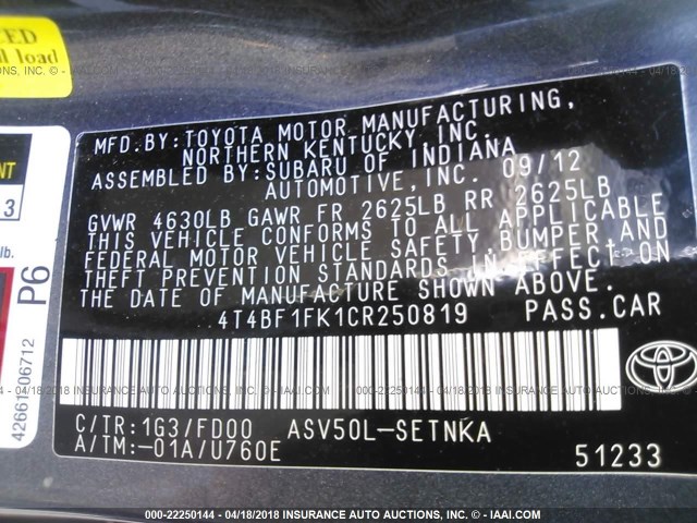4T4BF1FK1CR250819 - 2012 TOYOTA CAMRY SE/LE/XLE GRAY photo 9
