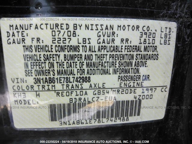 3N1AB61E78L742988 - 2008 NISSAN SENTRA 2.0/2.0S/2.0SL BLACK photo 9