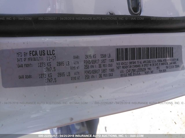 1C4PJMBX1JD599224 - 2018 JEEP CHEROKEE TRAILHAWK WHITE photo 9