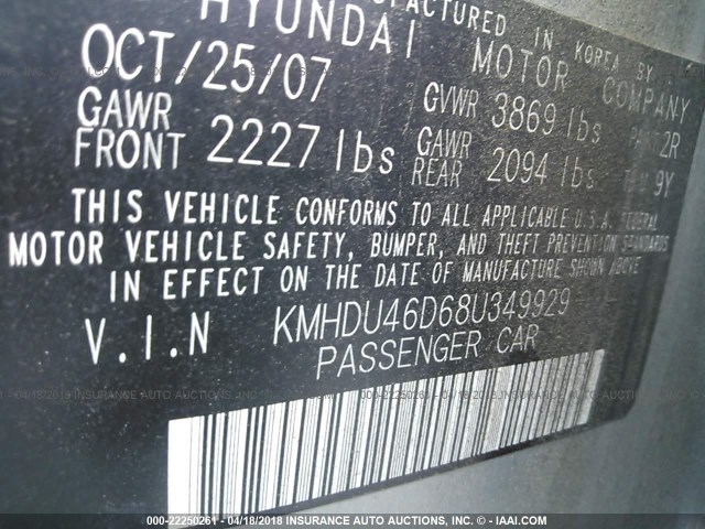 KMHDU46D68U349929 - 2008 HYUNDAI ELANTRA GLS/SE/LIMITED SILVER photo 9