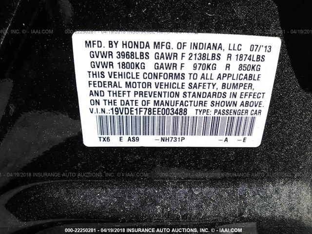 19VDE1F78EE003488 - 2014 ACURA ILX 20 TECH BLACK photo 9