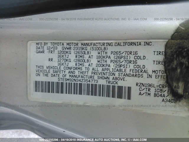 5TESM92N34Z354773 - 2004 TOYOTA TACOMA XTRACAB PRERUNNER ვერცხლისფერი ფოტო 9