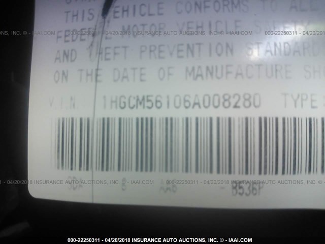 1HGCM56106A008280 - 2006 HONDA ACCORD VALUE BLUE photo 9