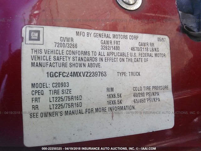 1GCFC24MXVZ239763 - 1997 CHEVROLET GMT-400 C2500 RED photo 9