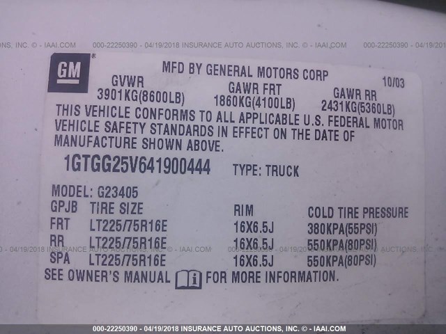 1GTGG25V641900444 - 2004 GMC SAVANA G2500 WHITE photo 9