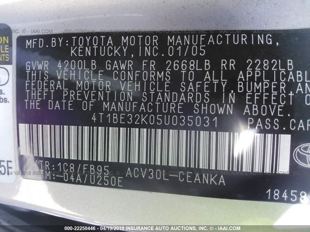 4T1BE32K05U035031 - 2005 TOYOTA CAMRY LE/XLE/SE ვერცხლისფერი ფოტო 9
