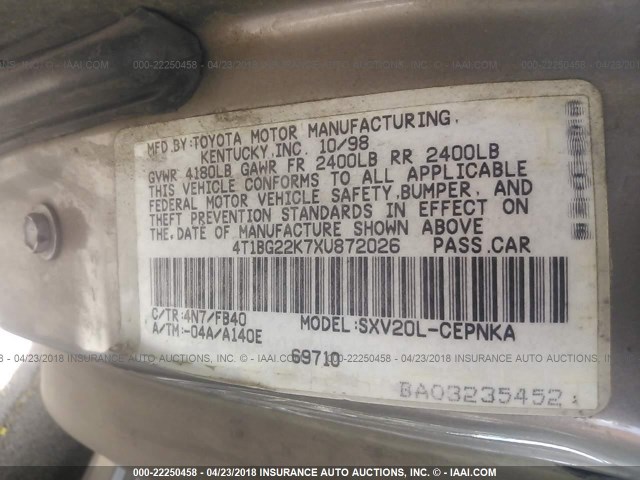 4T1BG22K7XU872026 - 1999 TOYOTA CAMRY CE/LE/XLE ოქროსფერი ფოტო 9